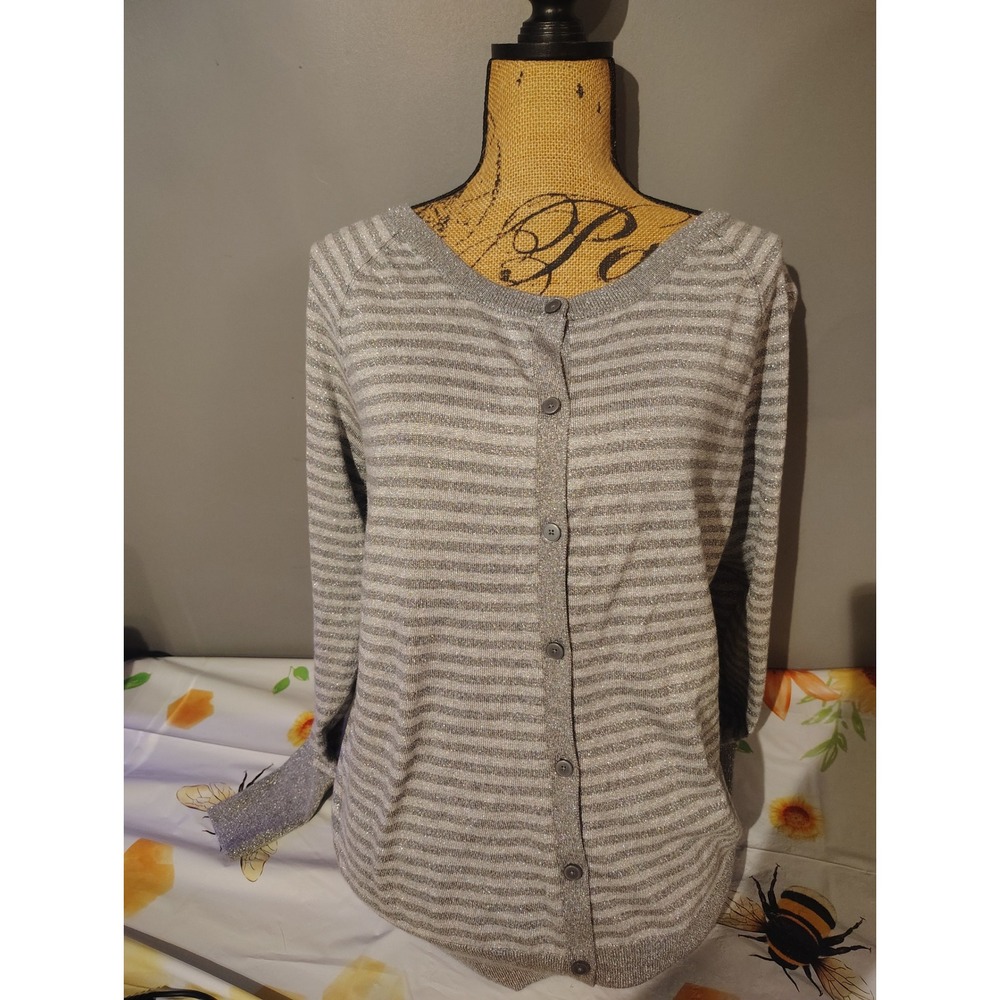 Lane Bryant Grey Silver Metallic Striped Button Front Cardigan Sweater 18/20